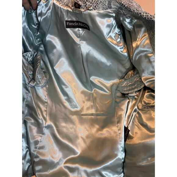 PAMELA MCCOY Turquoise Suede Foil Snake Print Leather Blazer Jacket - Picture 10 of 11